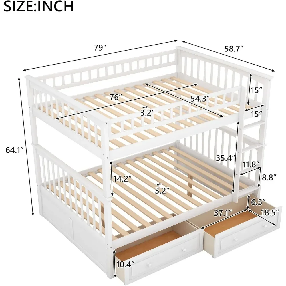 Full-Over-Full Bunk Bed, Solid Wood Full Size Bunk Bed with Two Storage Drawers, Convertible Bunk Bed Can be Converted