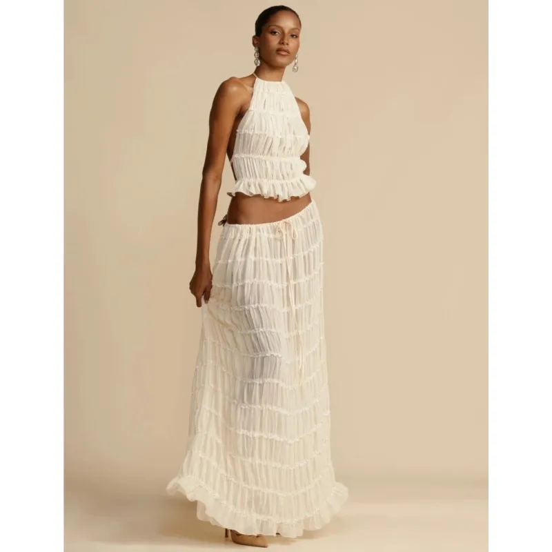 

Fashion Halter Neck Long Skirt Suit Women Backless Sling Top Lace Up Fold Maxi Skirts 2025 New Summer Female 2 Piece Set Outfits