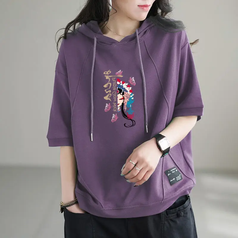 2024 New Summer Retro Art Chinese Style Loose Oversized Casual Sports Fashion Printed Short Sleeve Hooded Sweater for Women