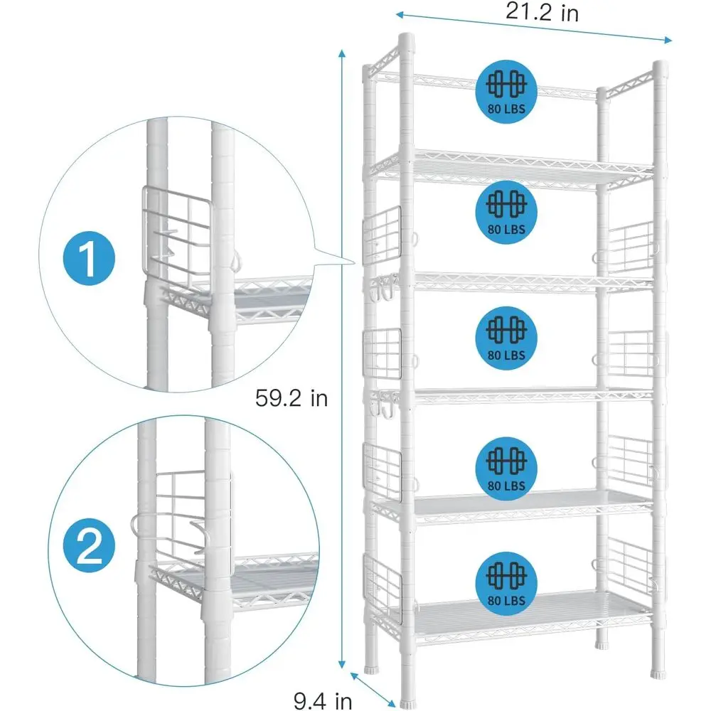 5-Shelf Metal Storage Rack, 400lb Capacity, Ideal for Home & Garage, 21.2W x 9.4D x 59.2H, White
