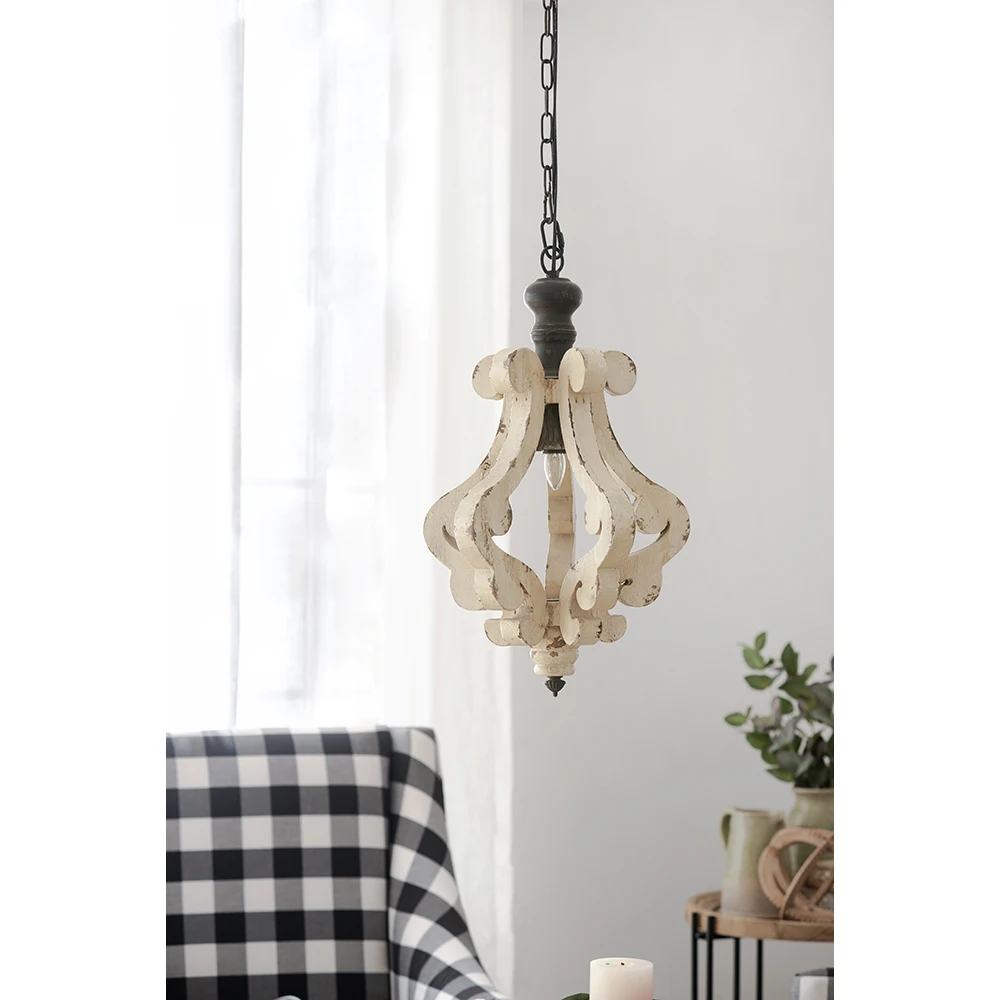 Farmhouse Chandeliar, Distressed White Pendant French Country Wood Chandelier for Living Room Foyer, Bulb Not Included