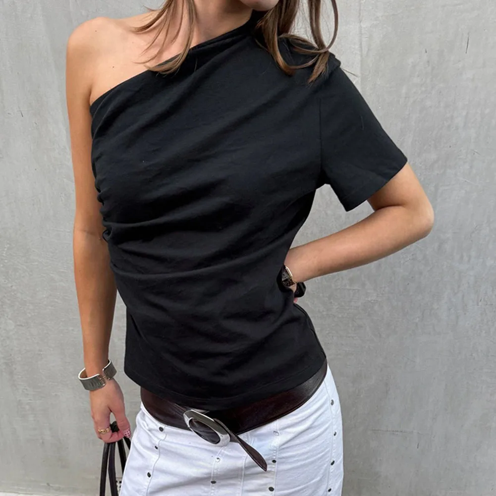 

Women Summer Solid Color One Shoulder Short-Sleeved T-Shirt Casual Vest T Shirt New Fashion Simple Design Tops