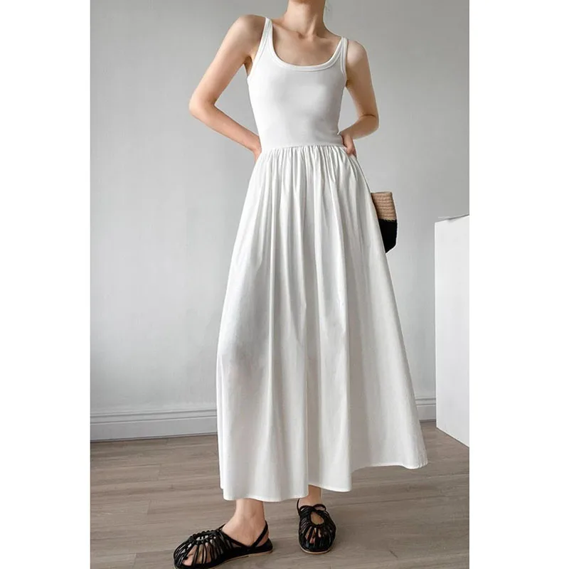 Elegant Knitted Patchwork Long Dresses Women Summer Simple All-Match Beach Strap Dress Korean High Waisted Party Maxi Vestidos