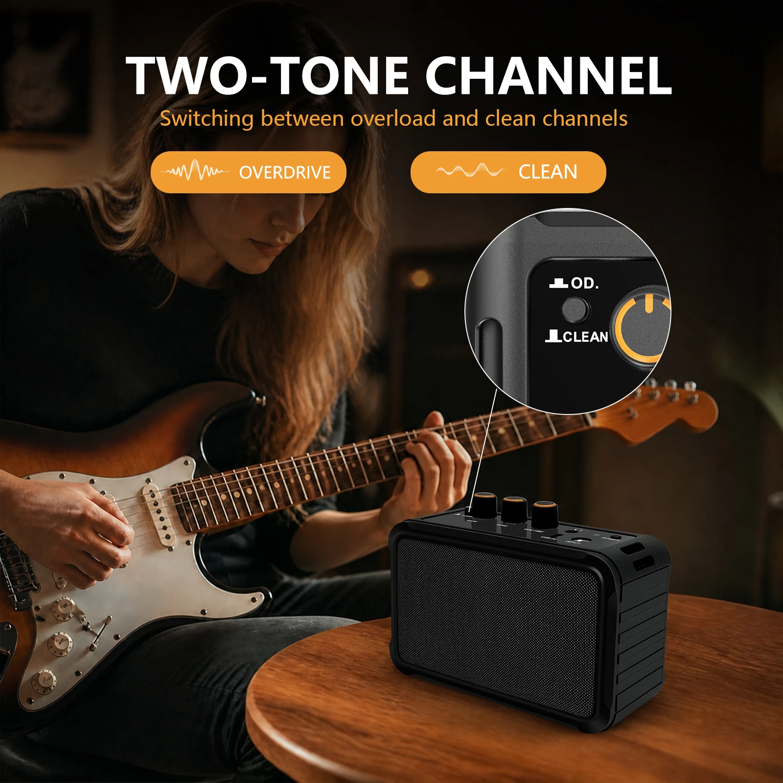 Mini Guitar Amplifier, Dual Speakers 10W, Rechargeable Electric Guitar Amp Bluetooth with Clean Overdrive, Headphone Jack, Porta