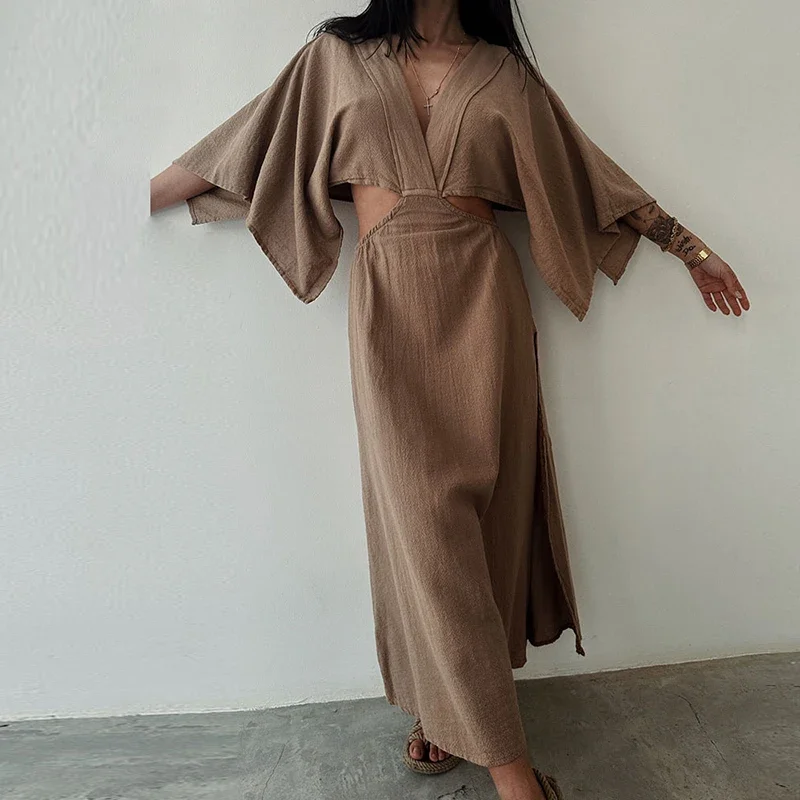 

Spring Casual Solid Cotton Linen Dresses Women Sexy V Neck Hollow Out Long Dress Summer Backless Batwing Sleeve Slim Party Dress