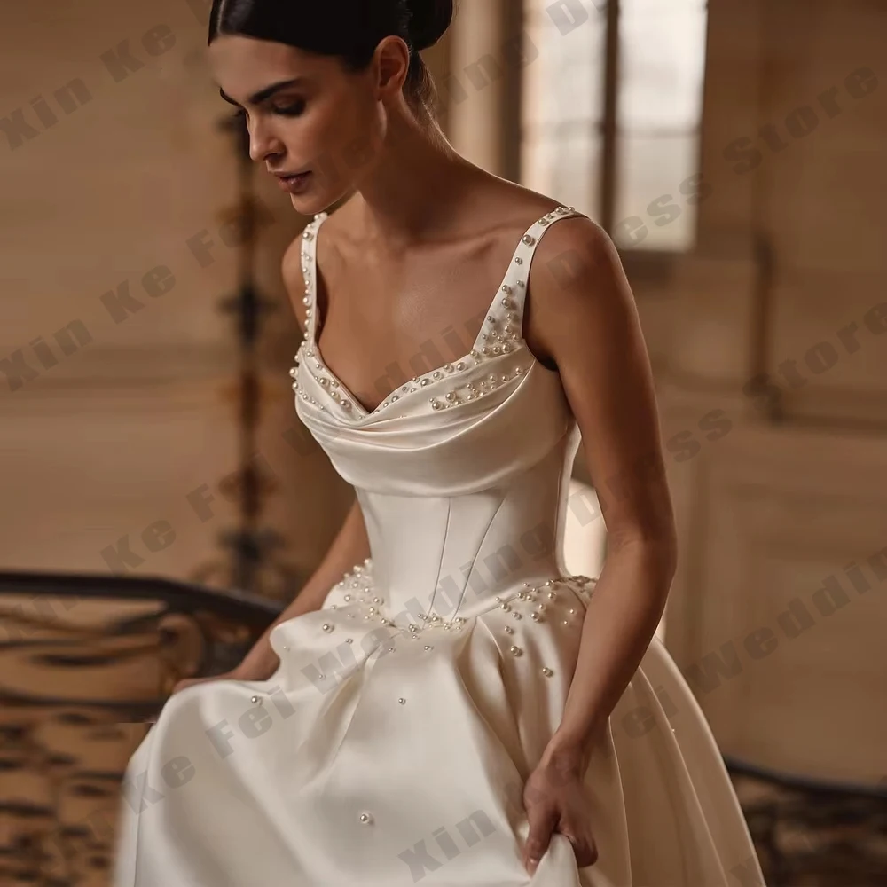 فساتين زفاف رائعة للنساء لؤلؤ على شكل حرف a أشرطة سباغيتي فستان العروس بدون ظهر فساتين العروس زي العرائس فساتين مخصصة