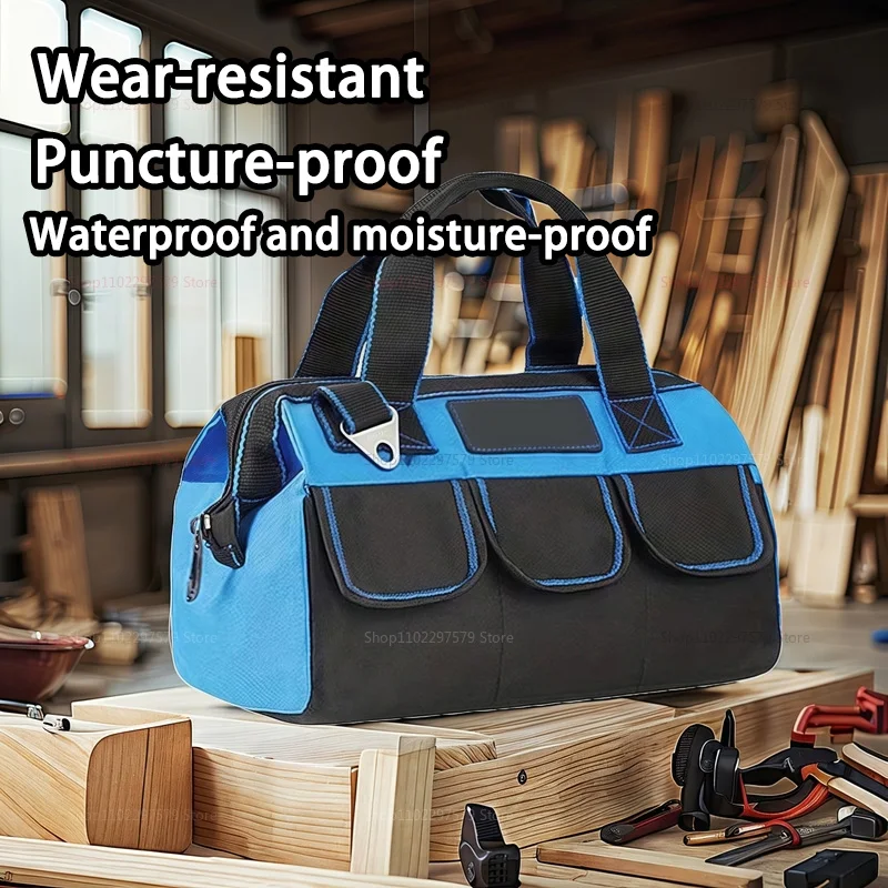 1pc Canvas Tool Bag - Multi-Pocket Organizer for Electricians/Workshop | Reinforced Handles & Shoulder Strap, Black & Navy