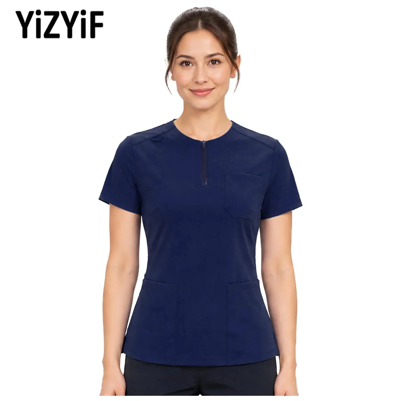 Women Yoga Scrub Top Nurse Uniform Zip-up Round Collar Short Sleeve Side Slit Scrub T-shirt with Multiple Pockets Sports Workout