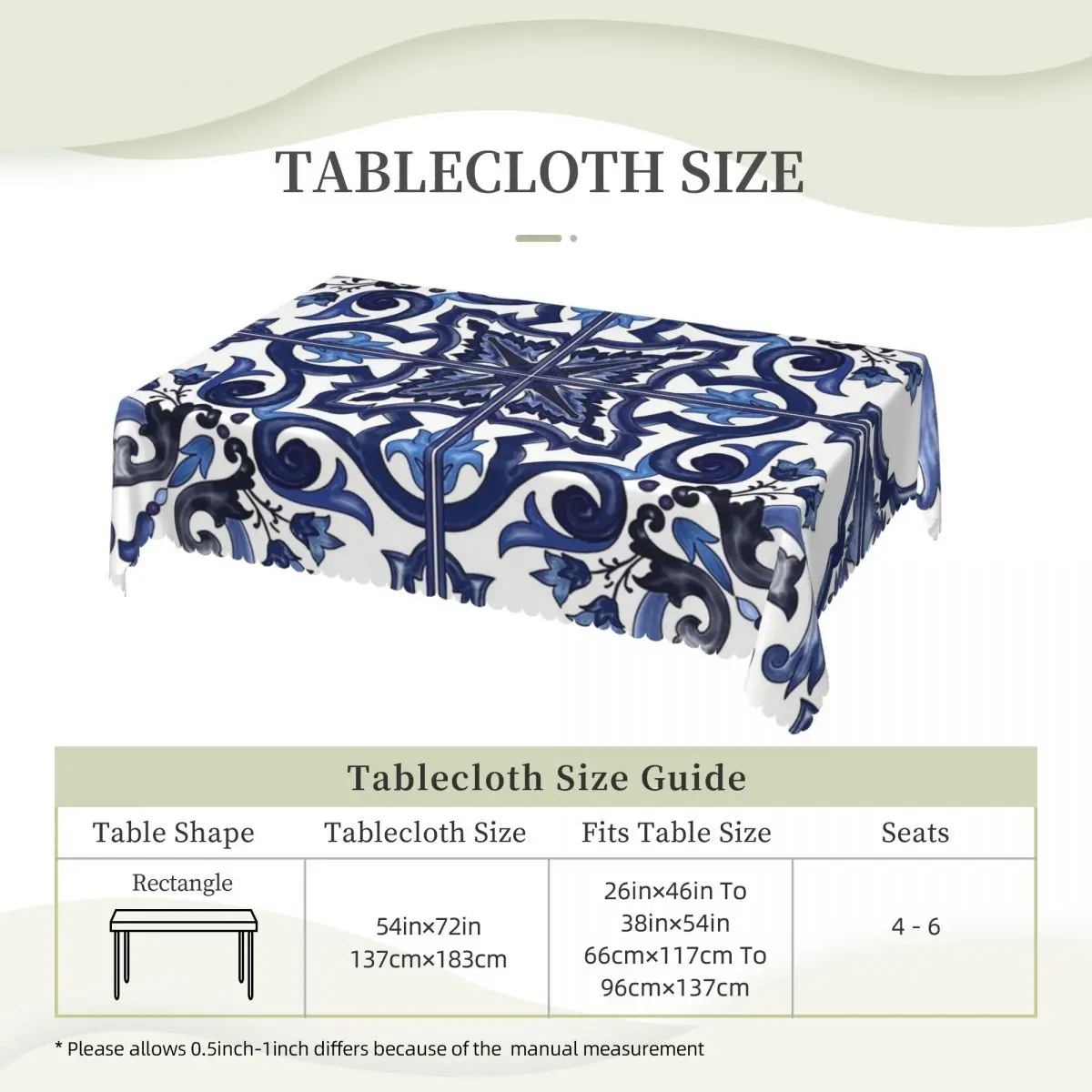 Blue Ornate Floral Mediterranean Sicilian Tile Tablecloth Restaurant Kitchen Rectangular Tablecloth Tablecloth Dining TableCover