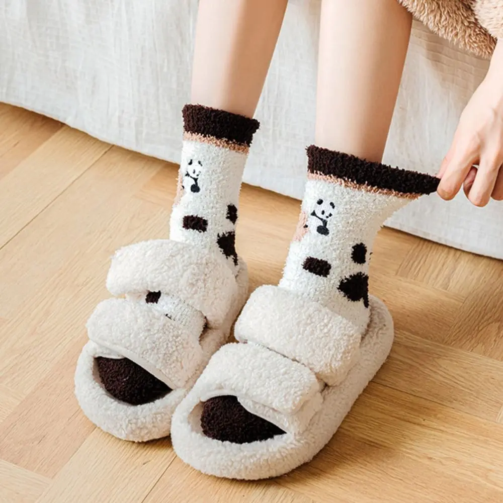 Harajuku Style Mid Tube Socks Panda Embroidery Coral Fleece Autumn Winter Socks Floor Socks Women Socks Home Sleeping Socks