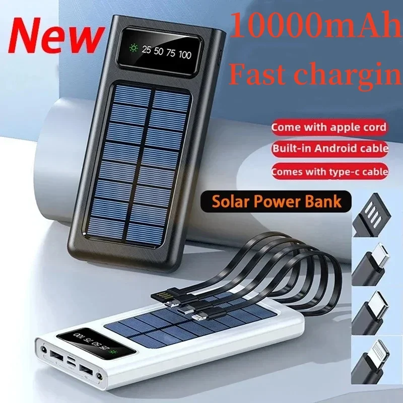 Super large capacity fast charging treasure belt LED light solar convenient fast charging USB port power bank suitable NEW 2024