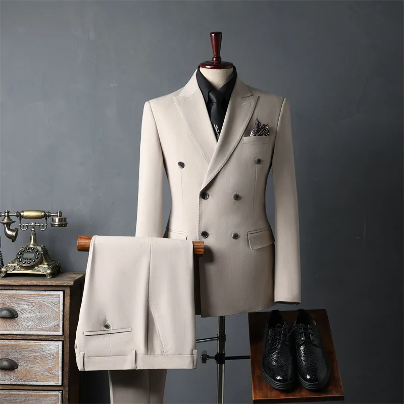 NT226  Apricot Double Breasted Suit Man 2024 Autumn New Casual Korean Groomsmen Blazer Bridegroom Wedding Coat Man