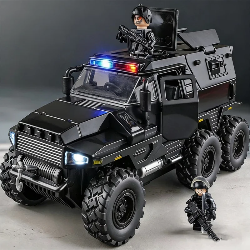 Modelo de vehículo a prueba de explosiones de aleación de conquistador 1:32, vehículo blindado todoterreno de policía de Metal fundido a presión, modelo de coche con luz de sonido, regalo para niños