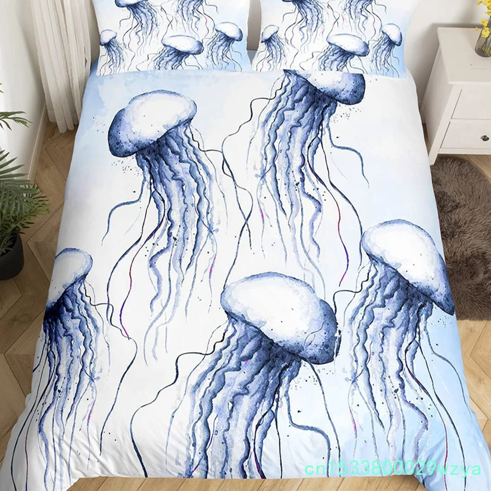 Jellyfish Bedding Set Queen,Ocean Nautical Comforter Cover For Kids Boys Girls,Hawaii Beach Duvet Cover Teens Cute Sea Animal
