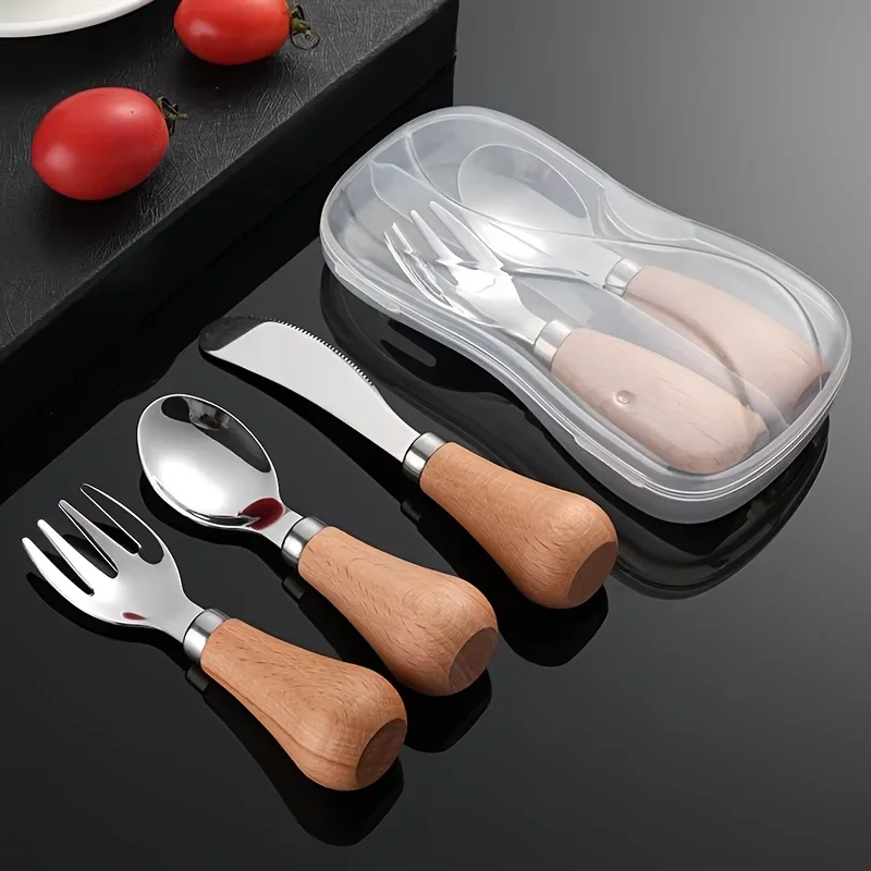 

Новый набор столовых приборов из нержавеющей стали с деревянной ручкой (вилка + ложка + нож) с коробкой, стоячая конструкция, идеально подходит для вечеринок и путешествий
