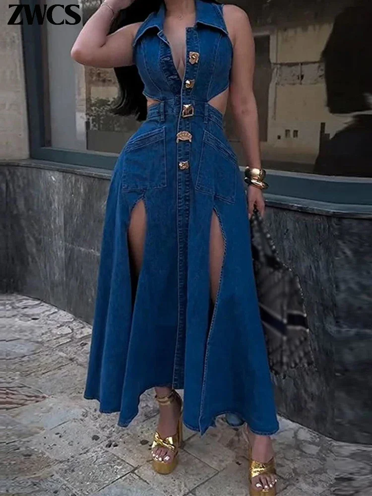 Elegant Denim Hollow Out Split Dresses for Women: The Perfect Blend of  Casual and Chic