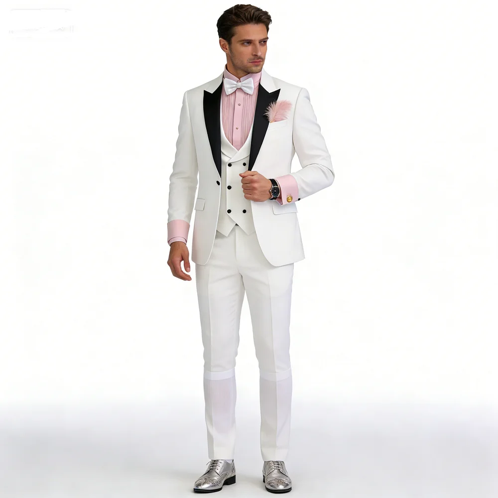 

Elegant Rose Red 3-Piece Men's Suit Slim Fit Double Breasted Blazer Vest And Pants Set for Wedding Groom Tuxedo Business Party