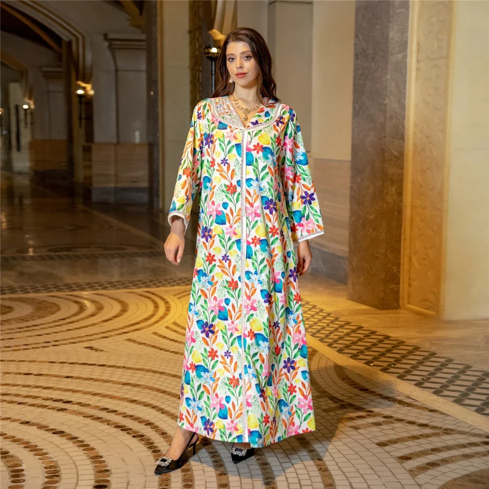 Luxury Diamonds Abayas for Women Floral Print Maxi Dress Muslim Abaya Dubai Kaftan Turkey Robe Eid Djellaba Islam Jalabiya Gown