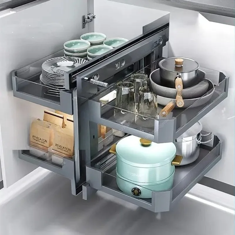 Corner Basket Kitchen Cabinet Corner Built-in Seasoning Dish Rack Rotating Full Open Pull Out Little Monster House Dish Rack