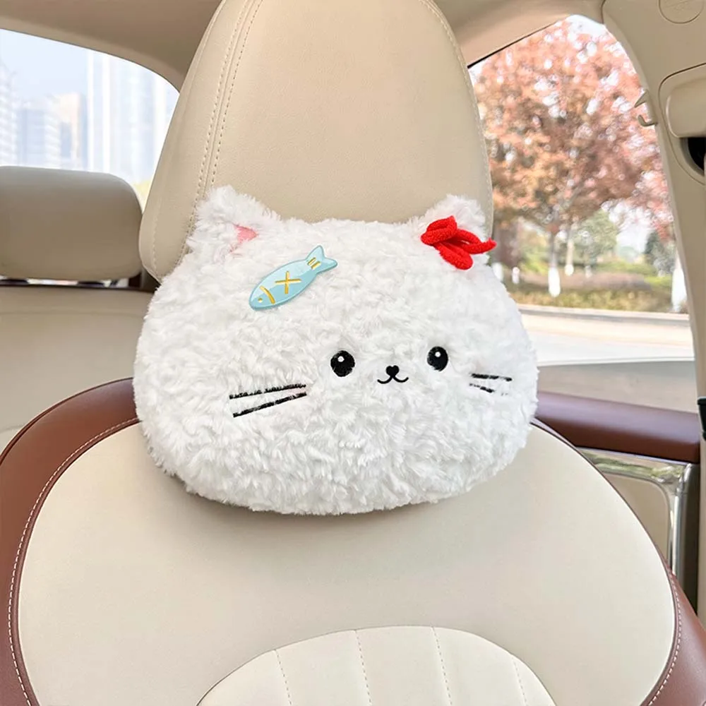 Cartoon Cat Car Headrest with Built-in Tissue Box Multifunctional Chair Back Neck Pillow Cute Vehicle Tissue Bag for Travel