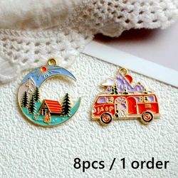 8PCS Creative Moon Bus Alloy Enamel Pendant Village Snowy Mountain Forest Charm DIY Necklace Bracelet Earring Keychain Accessory