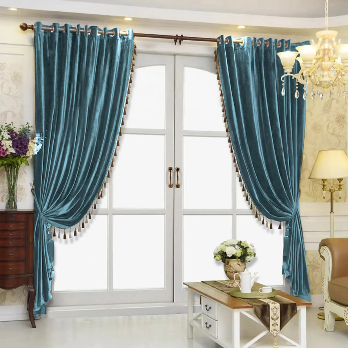 Coffee & Blue Velvet Curtains 2 Panels, Eyelet Hole Tassel Fringe Full Shading Luxury Vintage Window Drapes