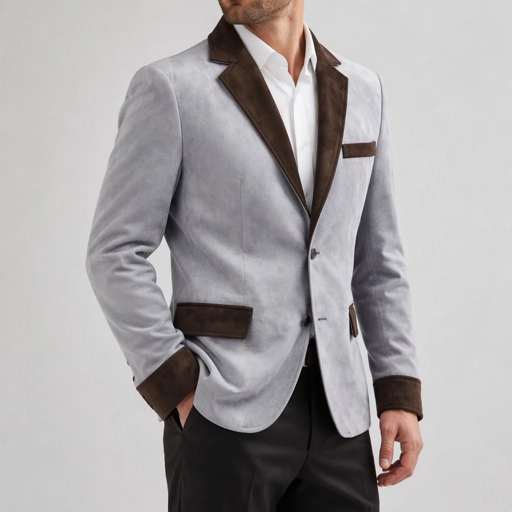 Men's Vintage Faux Suede Blazer Contrast Lapel Cuff Pocket Single Breasted Jacket Business Men Casual Daily Party Outerwear