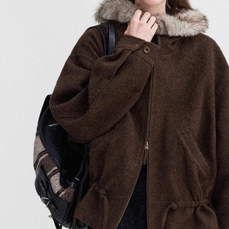 

Vintage Brown Hem-edged Woolen Coat Women's 2025 Winter Commute Lazy Wind Hooded Woolen Coat