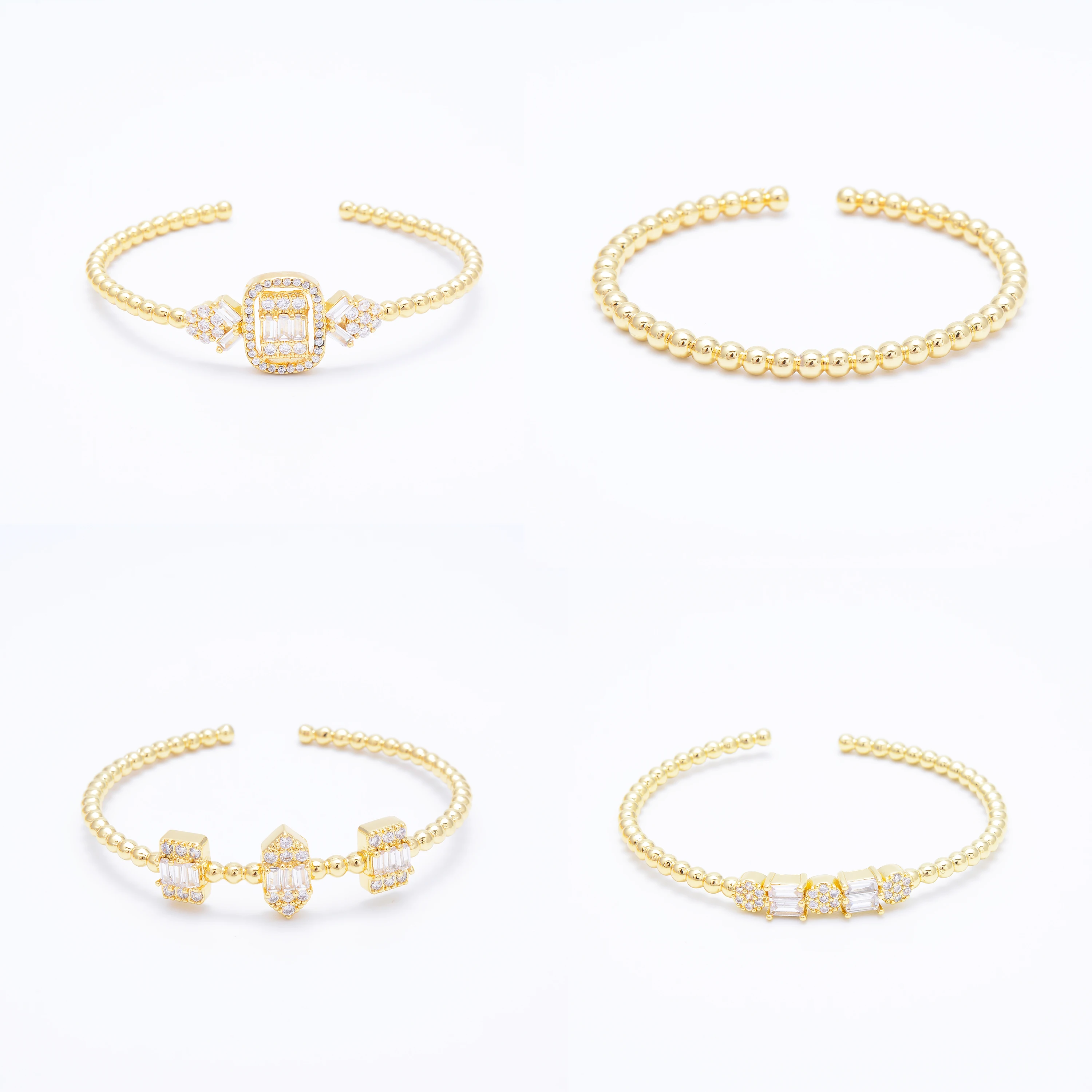 

Simple Gold Color Bangles for Women Paved Zircon Brass Jewelry Accessories Beaded Beads Shape Open Bracelet Free Shipping