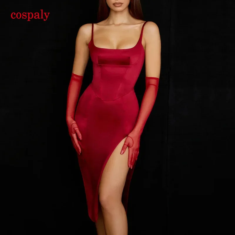 A Mingxi summer bodycon satin red birthday party dresses sexy spaghetti strap midi dress elegant with slit dresses for women