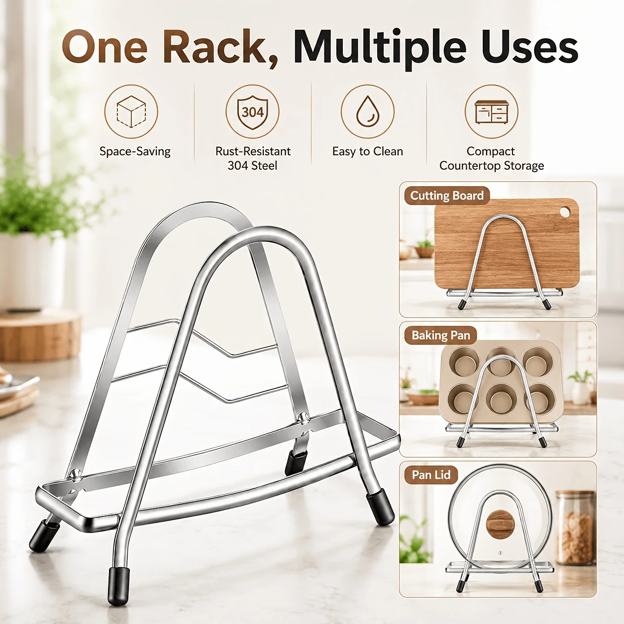 Stainless Steel Cutting Board Rack, Stable Triangle Chopping Board Holder, Countertop Pan Lid Organizer, Kitchen Storage Stand