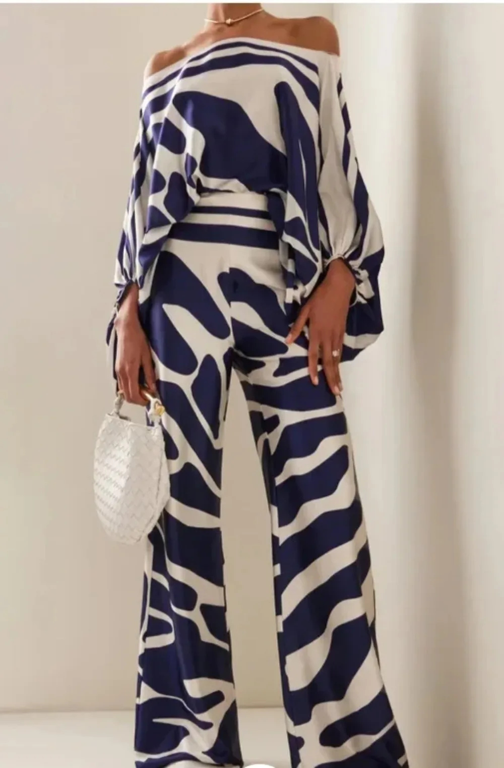 Women's Chic Print Lantern Sleeve 2 Piece Set, Satin Top, Wide Leg Pant Suit, Off Shoulder Long Sleeve, Office Lady Outfit