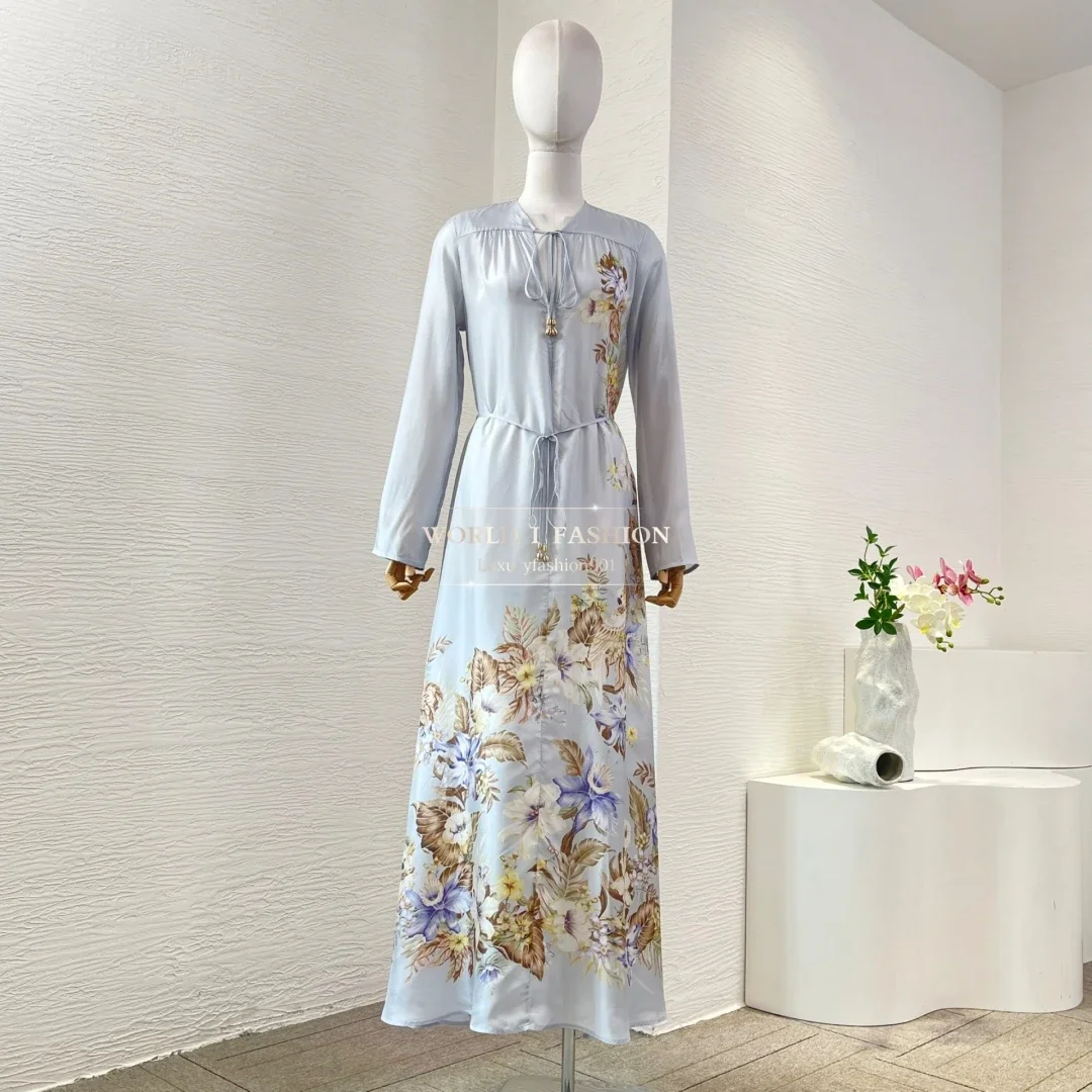 

2025 Women's Violet Purple Blue Floral Print Long Sleeve Midi Dress