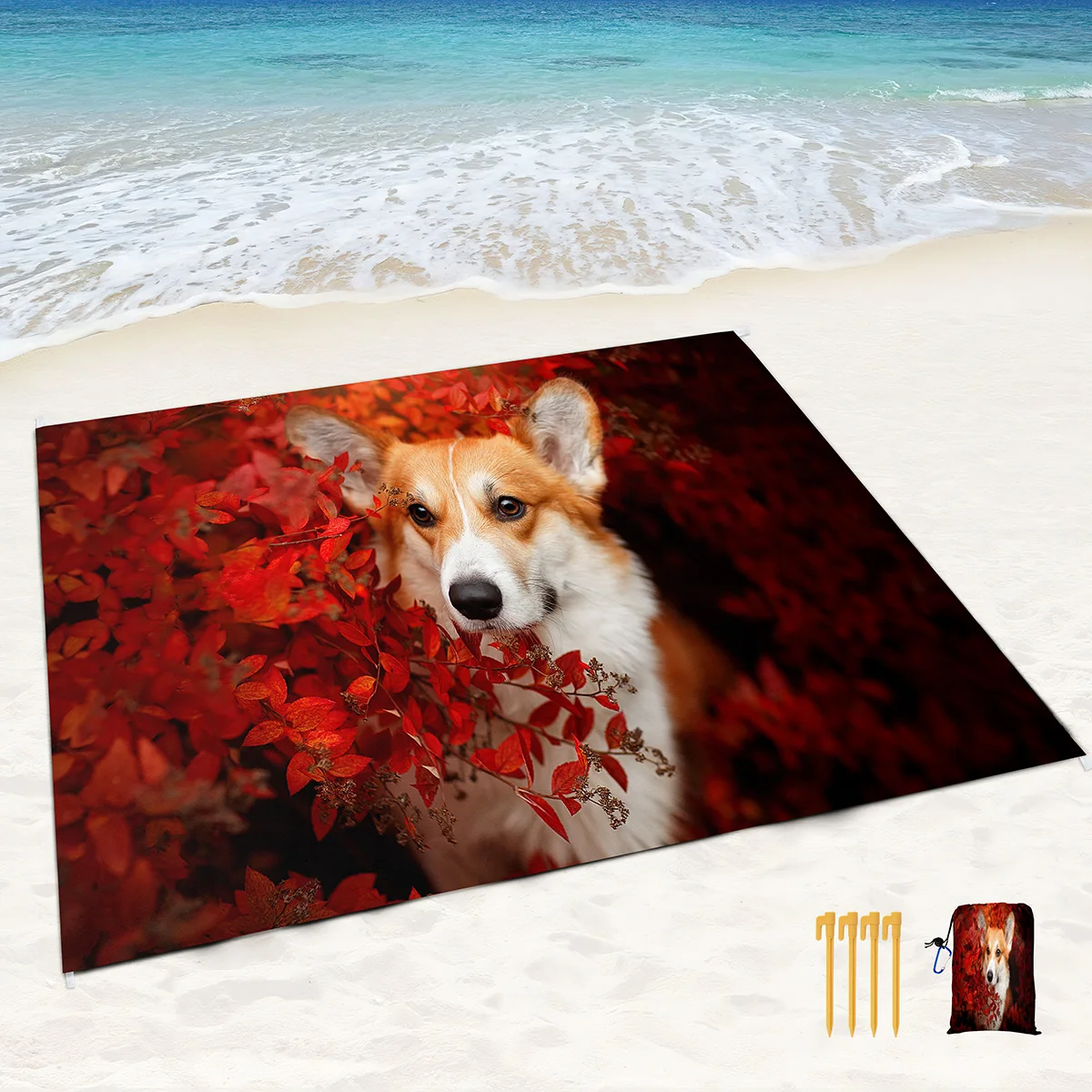 Cute Corgi Beach Blanket Sandproof Soft Beach Mat Waterproof Quick Drying Mat Made by Polyester with 4 Stakes & 4 Corner Pockets