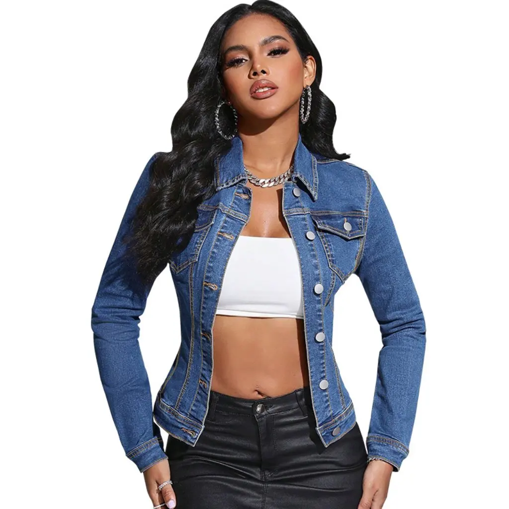 Jaket Denim Wanita Lengan Panjang Gaya Eropa Amerika Detail Saku Kerah Model 218619 Penjualan Langsung Pabrik