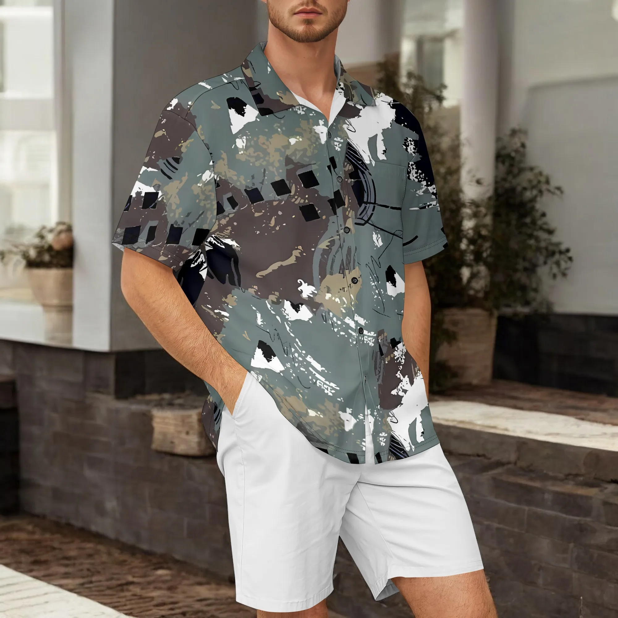 YEAE Kemeja Cetak Kotak Abstrak untuk Pria Atasan Lengan Pendek Kasual Musim Panas