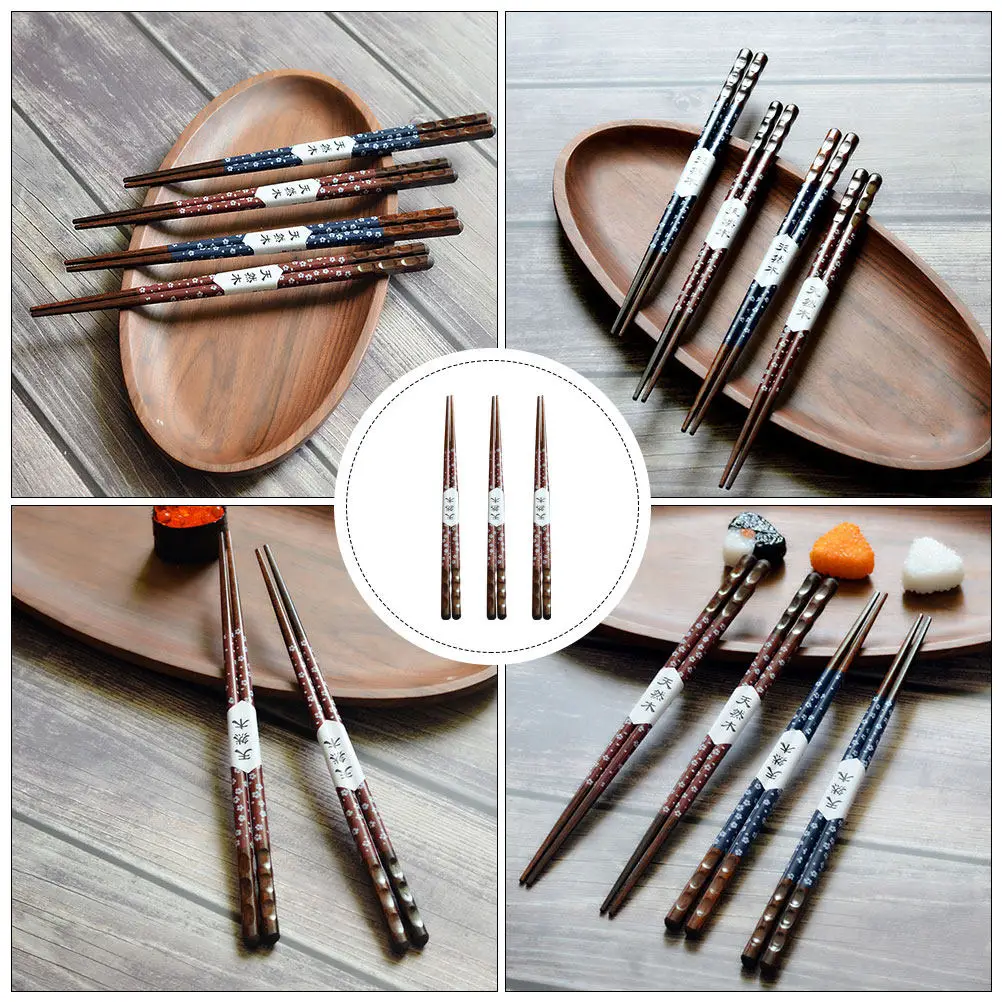 3 Pairs Japanese Style Pointed Wooden Chopsticks, Reusable Cherry Print, Heat-Resistant Kitchen Utensils