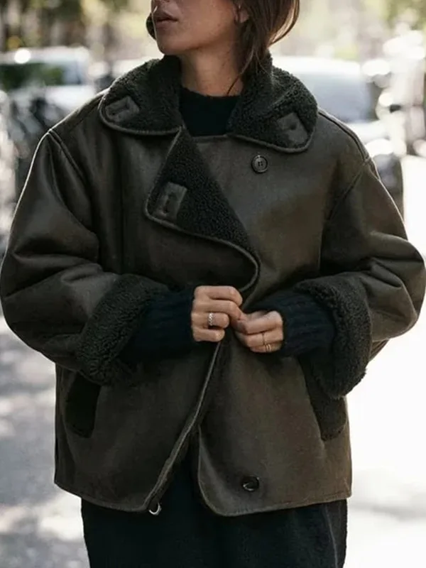 معطف شتوي نسائي من جلد الفرو على الوجهين معطف شتوي دافئ وفضفاض مناسب للتنقل طويل Sve بياقة مقلوبة #4