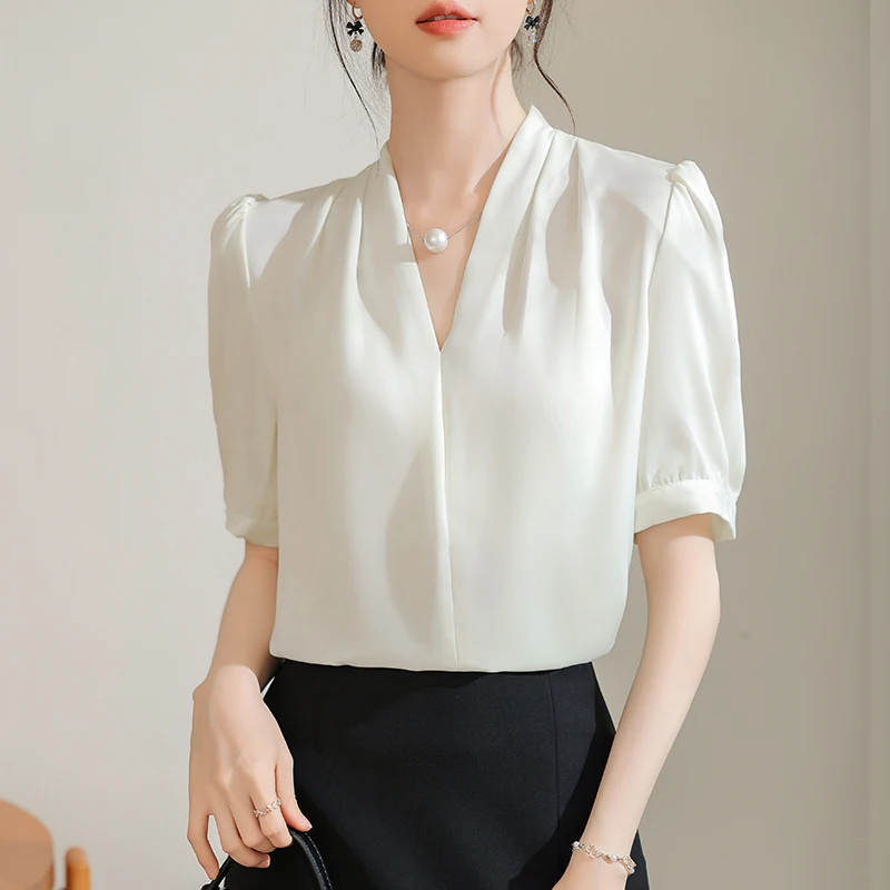 Summer Women\'s V-neck Shirts, Elegant Fashion Loose Short Sleeve Pullover Top, Office Lady Commute Chiffon High Quality Blouses