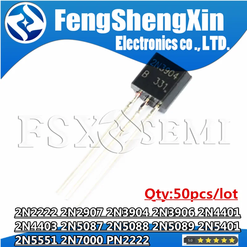 

50pcs 2N2222 2N2907 2N3904 2N3906 2N4401 2N4403 2N5087 2N5088 2N5089 2N5401 2N5551 2N7000 PN2222 TO-92