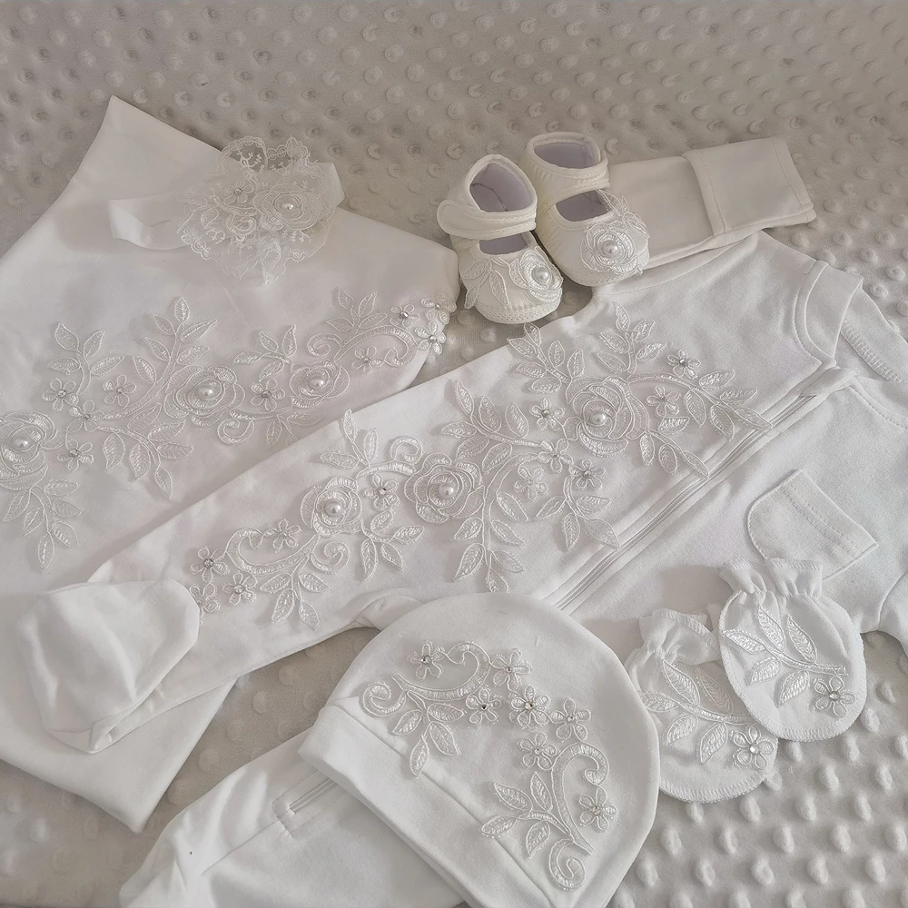 5pcs Newborn Baby Embroidery Lace Romper Outfit Clothing Cotton Infant Wrapped Baby Products Pants Mittens Receiving Blanket