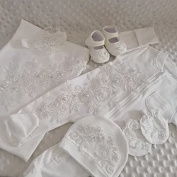 5pcs Newborn Baby Embroidery Lace Romper Outfit Clothing Cotton Infant Wrapped Baby Products Pants Mittens Receiving Blanket