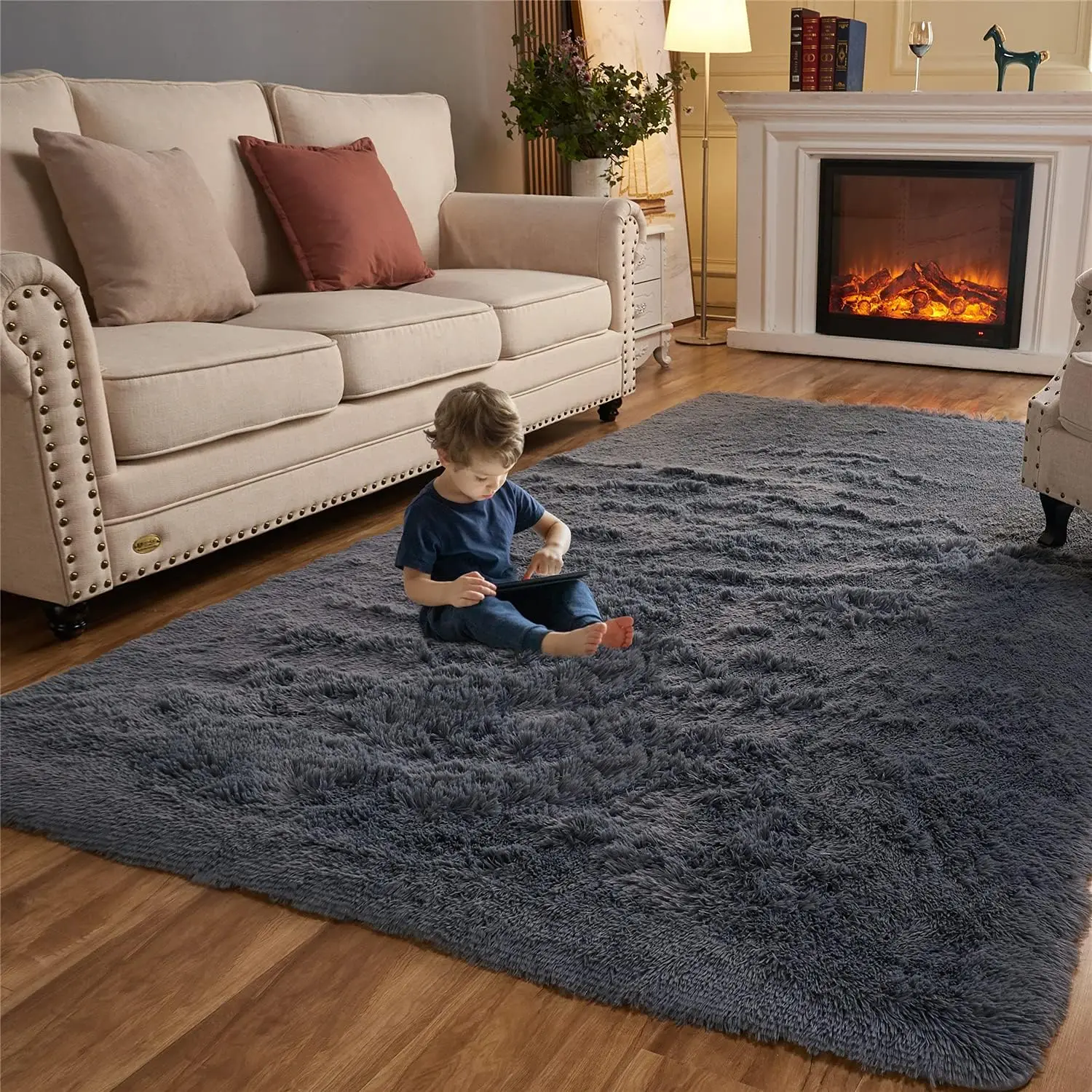 Area Rug for Bedroom, 9 x 12 Clearance Dark Grey Nursery Room Rug, Large Throw for Playroom Room- Soft, Fluffy, Shaggy Carpets