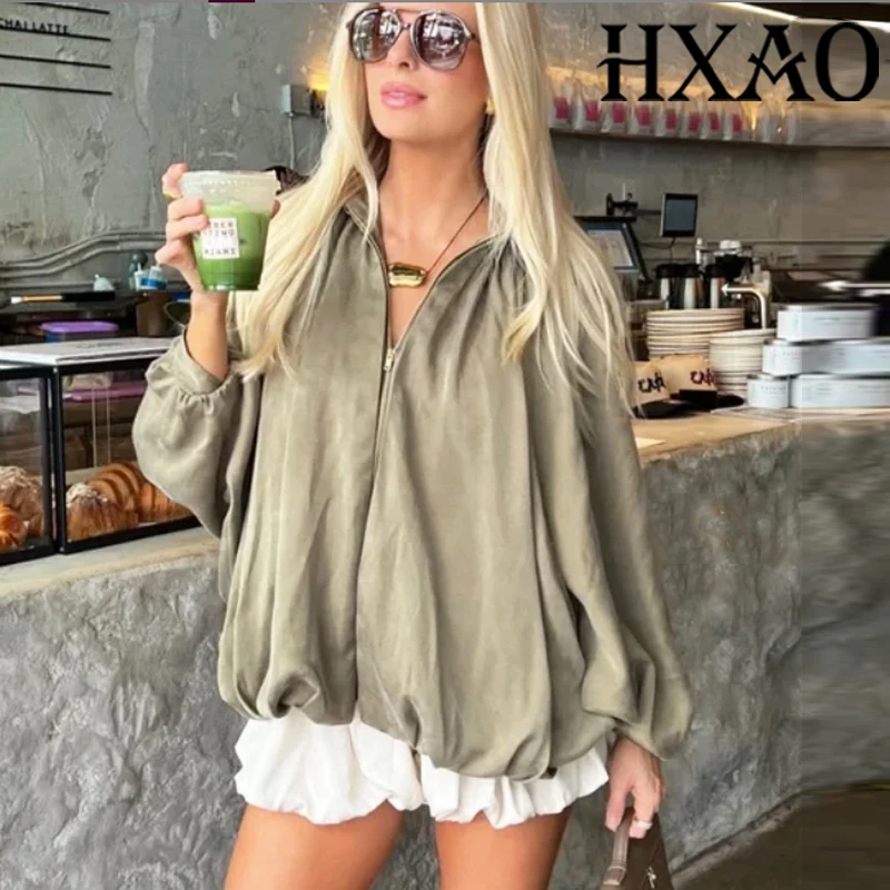 سترة نسائية منفوخة من HXAO بطيات كبيرة الحجم سترات نسائية منتفخة مقصوصة سترة صيفية ملابس خارجية بسحاب وأكمام طويلة سترة خضراء #2