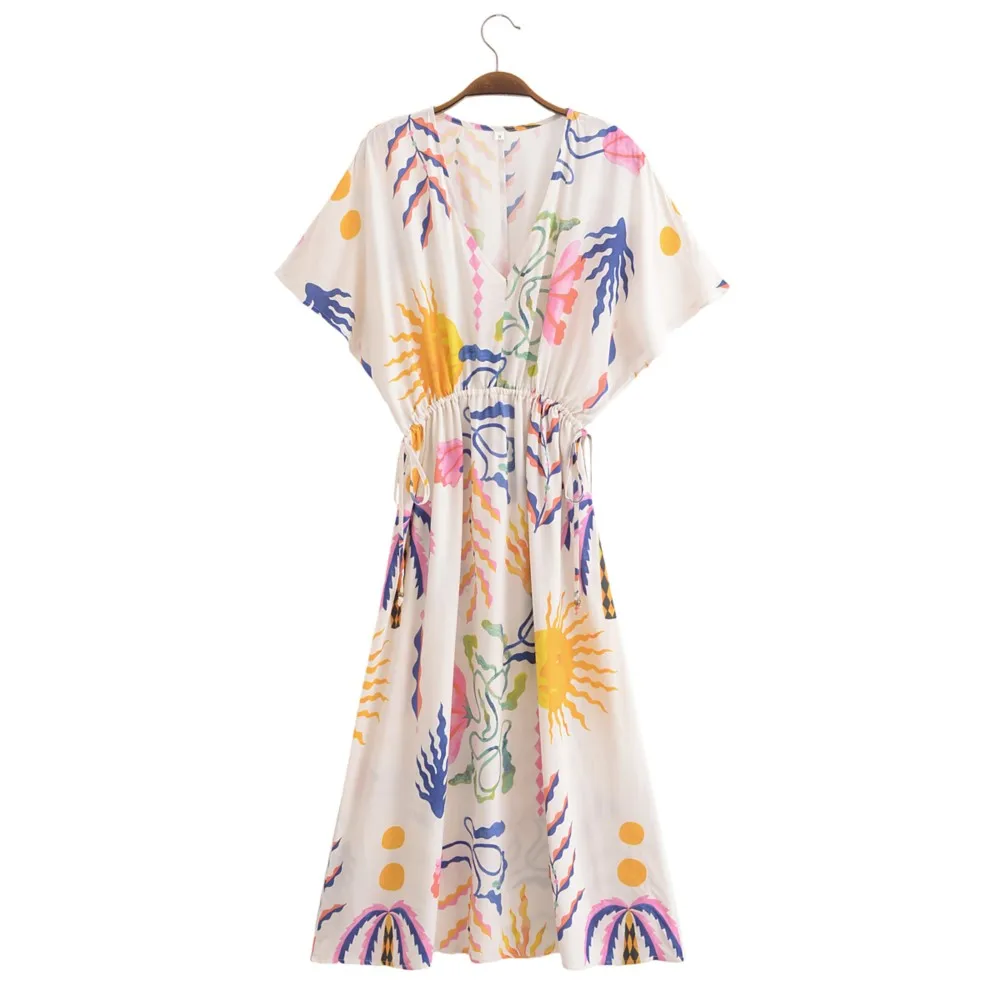 2024 BOHO Beige Color Print Bat wing sleeve Midi Dress Women v neck Adjust Bow Lacing up Waist Midi Robe Holiday