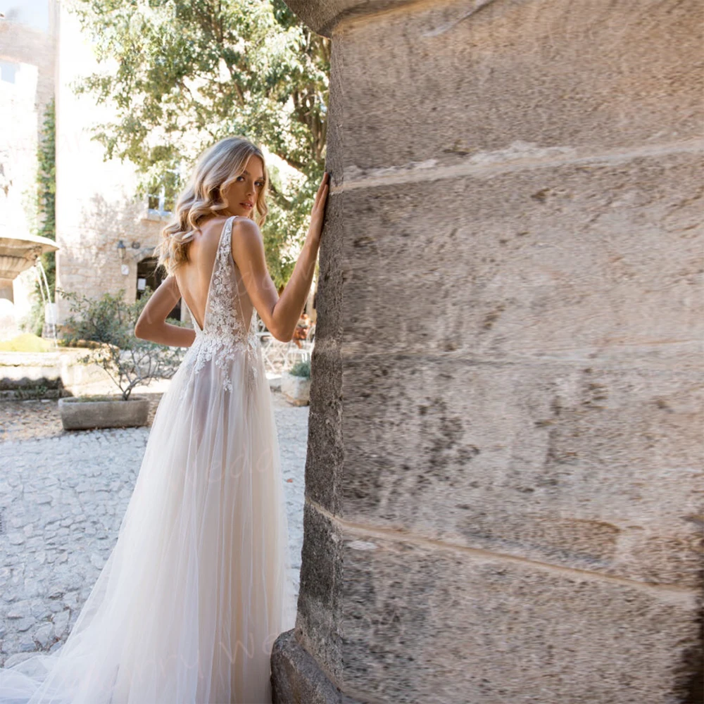 Vestidos De Novia elegantes De línea A para mujer, Vestidos De Novia De encaje con apliques modernos, Vestidos De Novia Sexy con cuello en V, Vestidos De Novia sin mangas con espalda descubierta