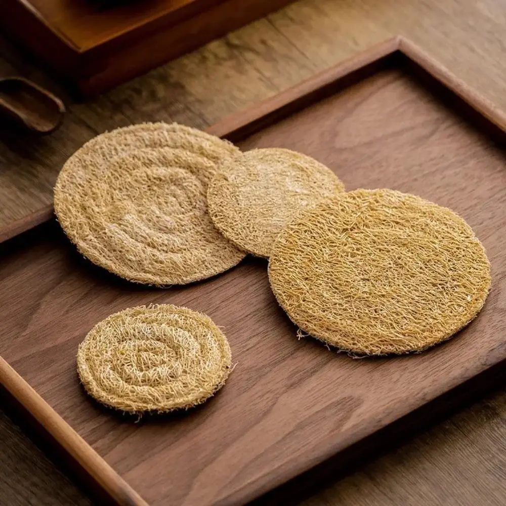 Tea Set Accessories Round Tea Cup Mat Loofah Fibre Double sided Teapot Pad Natural Multipurpose Loofah Mat Tea