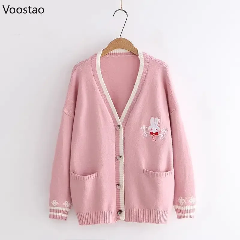 Autumn Sweet Lolita Bow Bunny Embroidery Sweater Girls Y2k Cute Loose Knitted Cardigan Tops Women Kawaii Rabbit Knitwear Coat