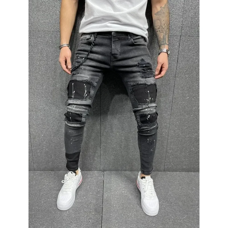 Men Casual Ripped Hole Jeans Fashion Comfortable Pants Pencil Denim Trousers Hip Hop Jogging Fitness Pants