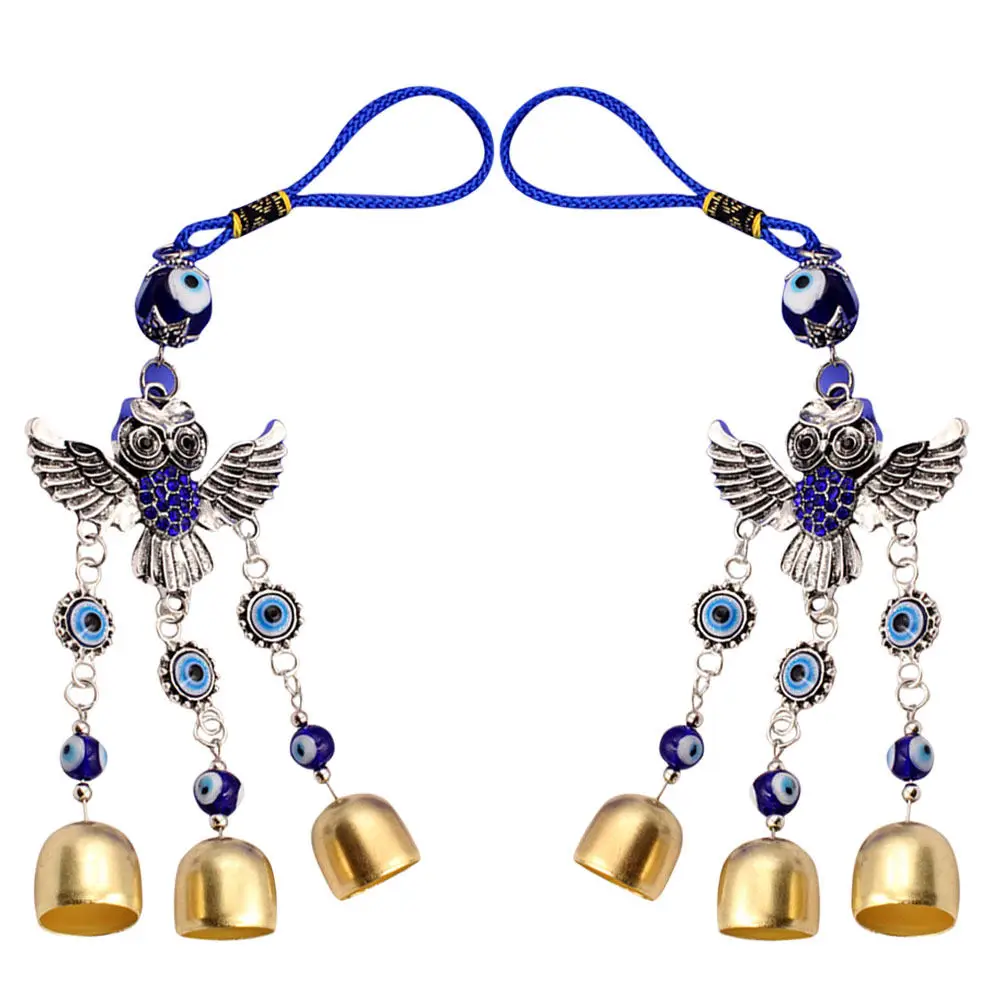 2Pcs Evil Eye Owl Wind Chime Car Pendant Blue Eye Hanging Ornament Rear View Mirror Car Interior Protective Charm